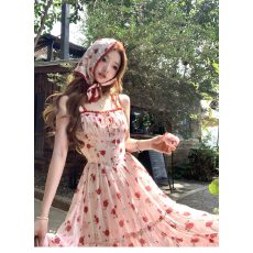 批发Q女家 323 花契玫瑰园长裙版本氛围感红色度假碎花<b class='q'>连衣裙</b>