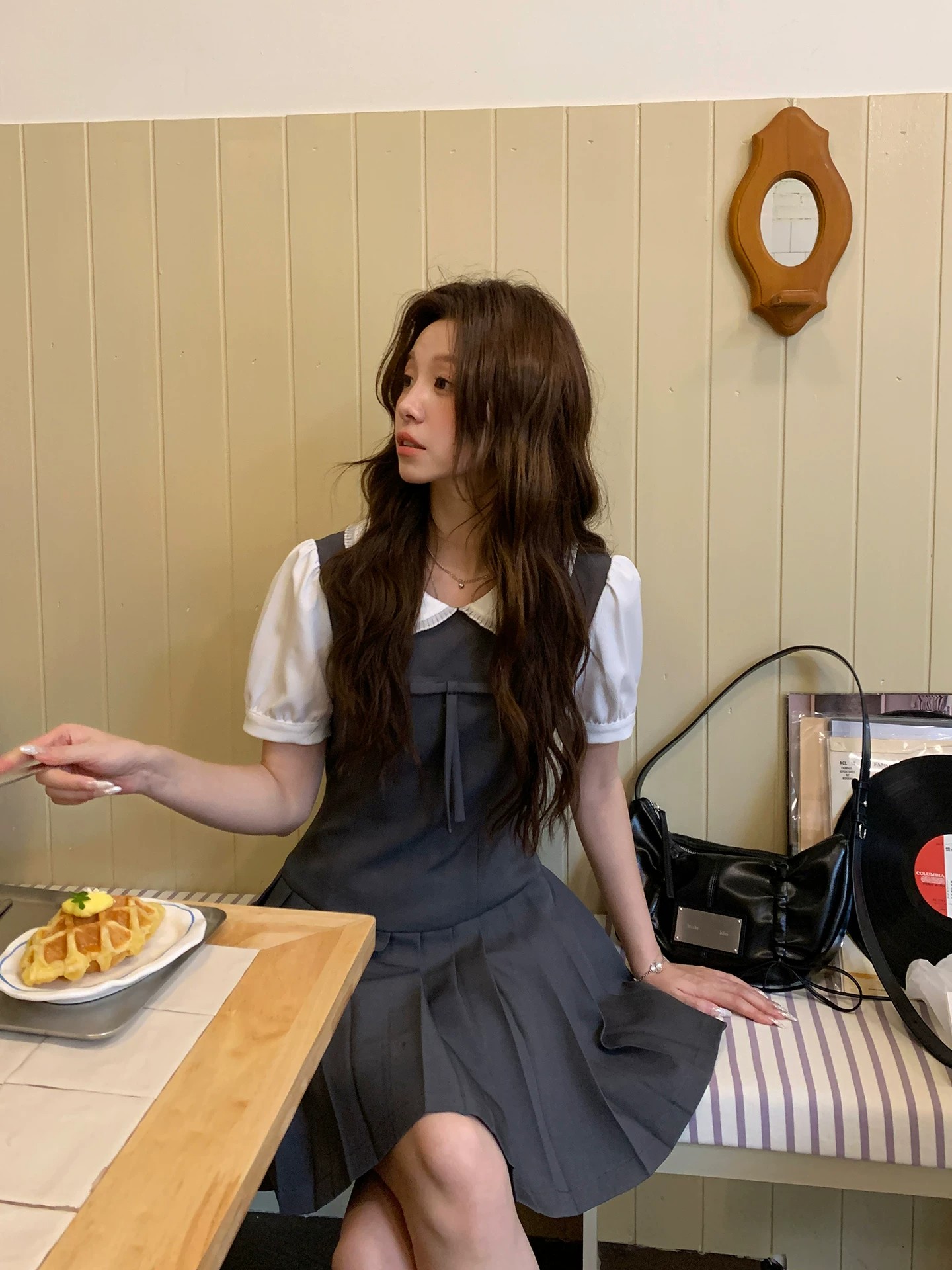 even 하나 원자바오 m1u 부서 작은 乖離 한 부서 높음 지혜 페이크 레이어드 드레스 플리츠 허리 수축 연령 감소 미니 스커트 여름