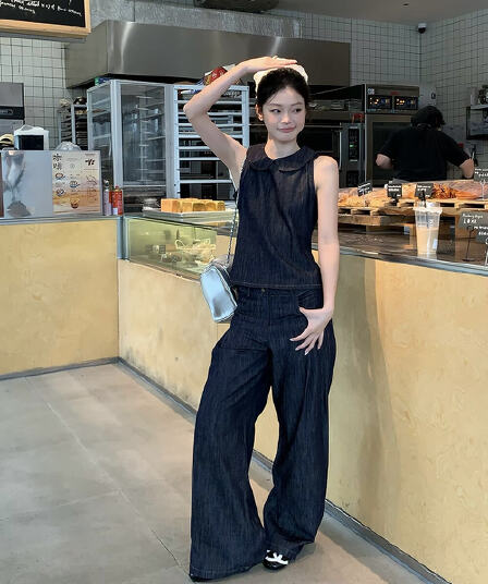데님 블루 백리스 스트랩 디자인 센스 베이비 칼라 민소매 작은 셔츠 하이웨이스트 넓은 다리 데님 캐주얼 바지 세트