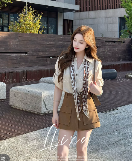 당나라 작은 느릅 나무 여름 새로운 디자인 센스 폴로 칼라 셔츠 코디 하이웨이스트 워크웨어 반바지 세트