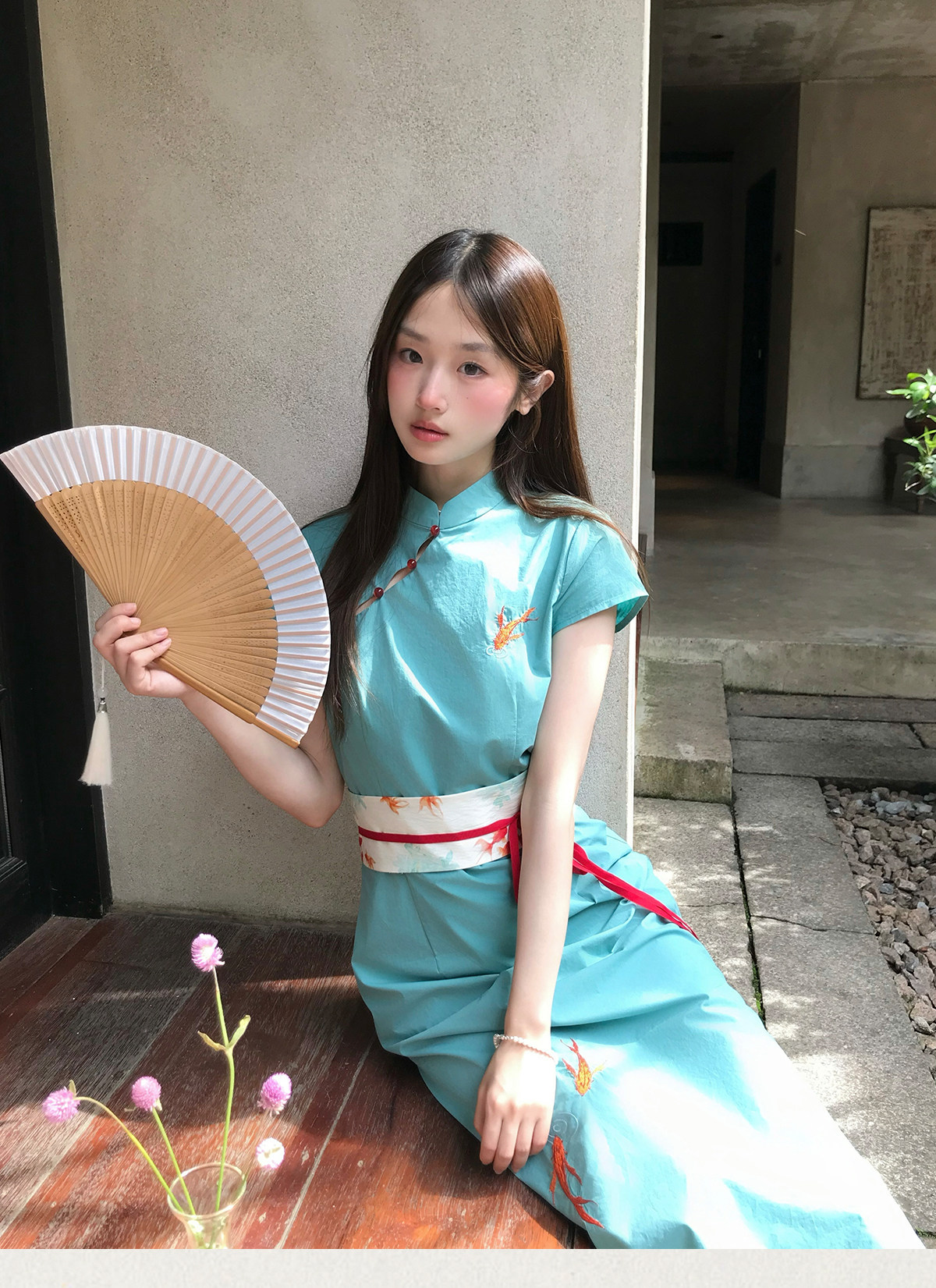 mucha 나무 차 구름 鲤 달을 줍다 새로운 중식 개선 치파오 여성 여름 스탠드 칼라 허리 수축 국풍 자수 드레스