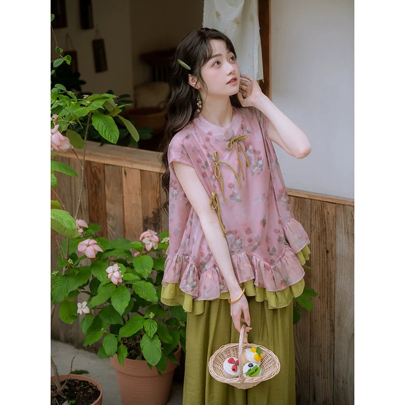 남쪽 바람 골짜기 와일드 라스베리 마음 국풍 딸기 프린트 맨위 여성 여름 이중층 프릴 큰 진자 루즈핏 작은 셔츠