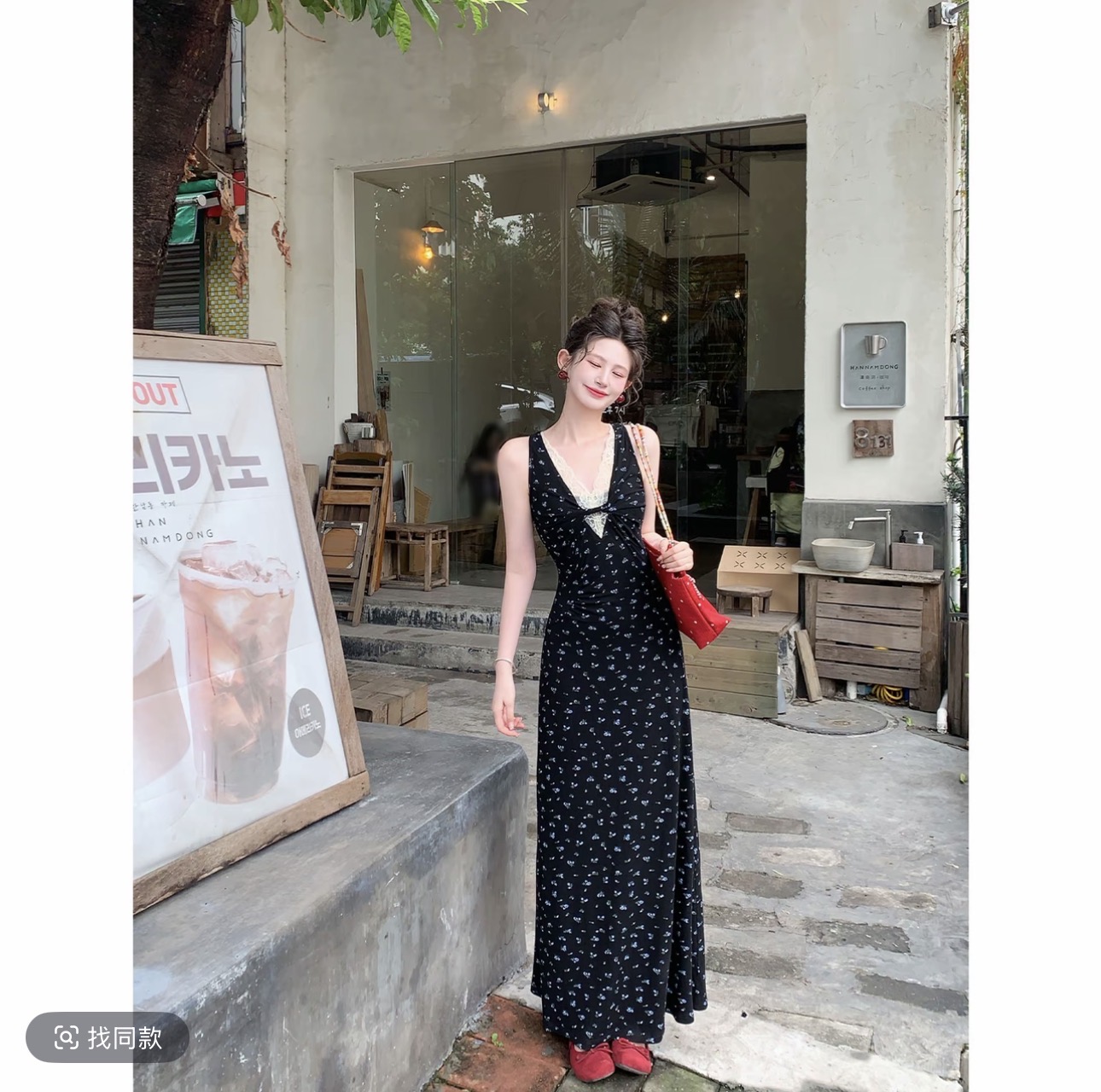 평생 로마의 지저우 한여름 프랑스식 디자인 레이스 조각 V넥 비틀림 몸매 가꾸기 꽃무늬 드레스