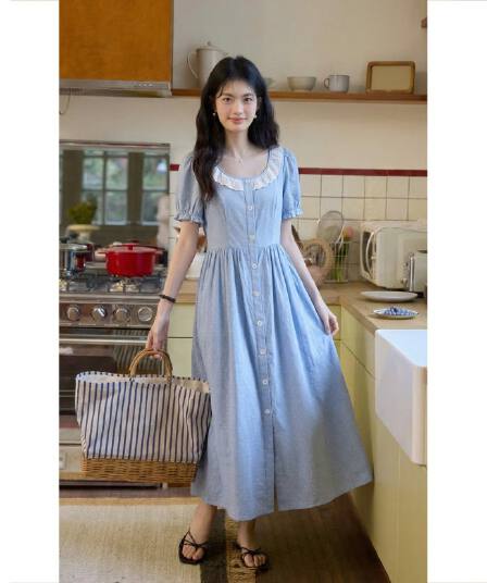 품격 도트 무늬 드레스 여성용 짧은 소매 새로운 프랑스식 거품 소매 휴가 롱 스커트 고급 센스