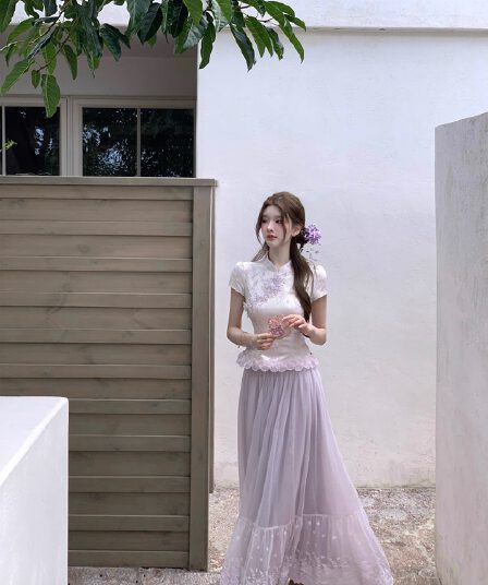 q 여자 집 5 27 보라색 꽃 편지 더블 버전 새로운 중식 국풍 3 차원 꽃 자수 치파오 거즈 스커트 세트