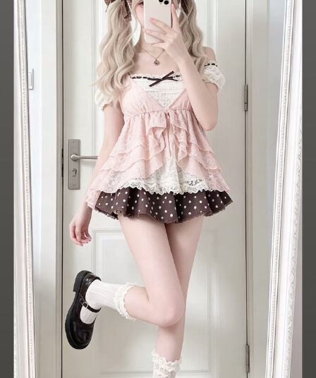 소녀 코코넛 일상 부서 샤 오 천 새싹 의류 여름 살구 색상 페이크 레이어드 맨위 브라운 도트 무늬 반신 스커트