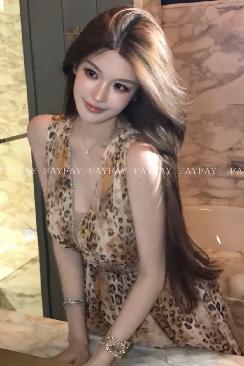 fay 판금 레오파드 무늬 순수한 욕망 섹시함 V넥 허리 수축 금사 슬림해 보이는 민소매 드레스