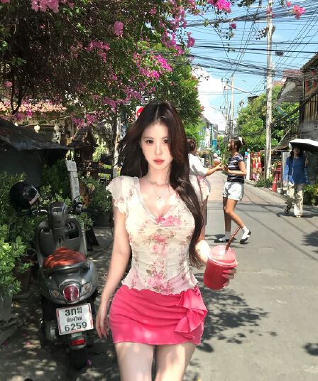 mejiu 꿀 나인 얕은 쇼어 책 제인 달콤한 매운맛 섹시함 꽃무늬 레이스 V넥 맨위 여성 여름 달콤함 순수한 욕망 반팔