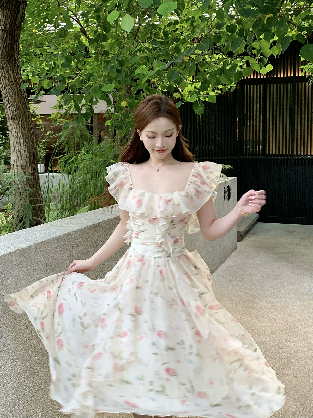 휴가 바람 꽃무늬 Feifei 소매 드레스 프릴 민소매 롱 스커트