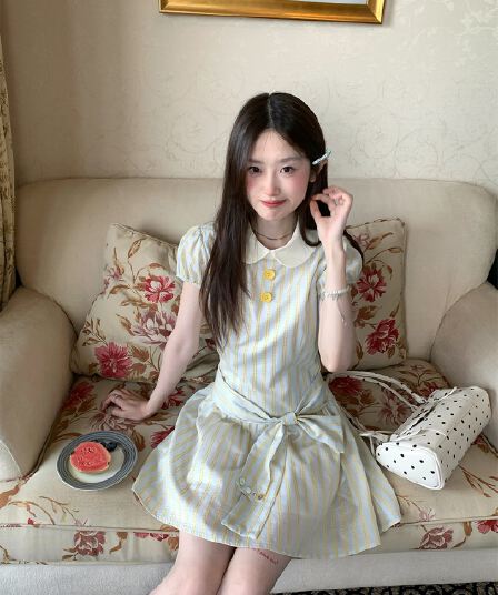mucha 나무 차 박하 초안 프랑스식 달콤한 스타일 스트라이프 롱 스커트 여성 베이비 칼라 허리 수축 쇼트 스타일 드레스