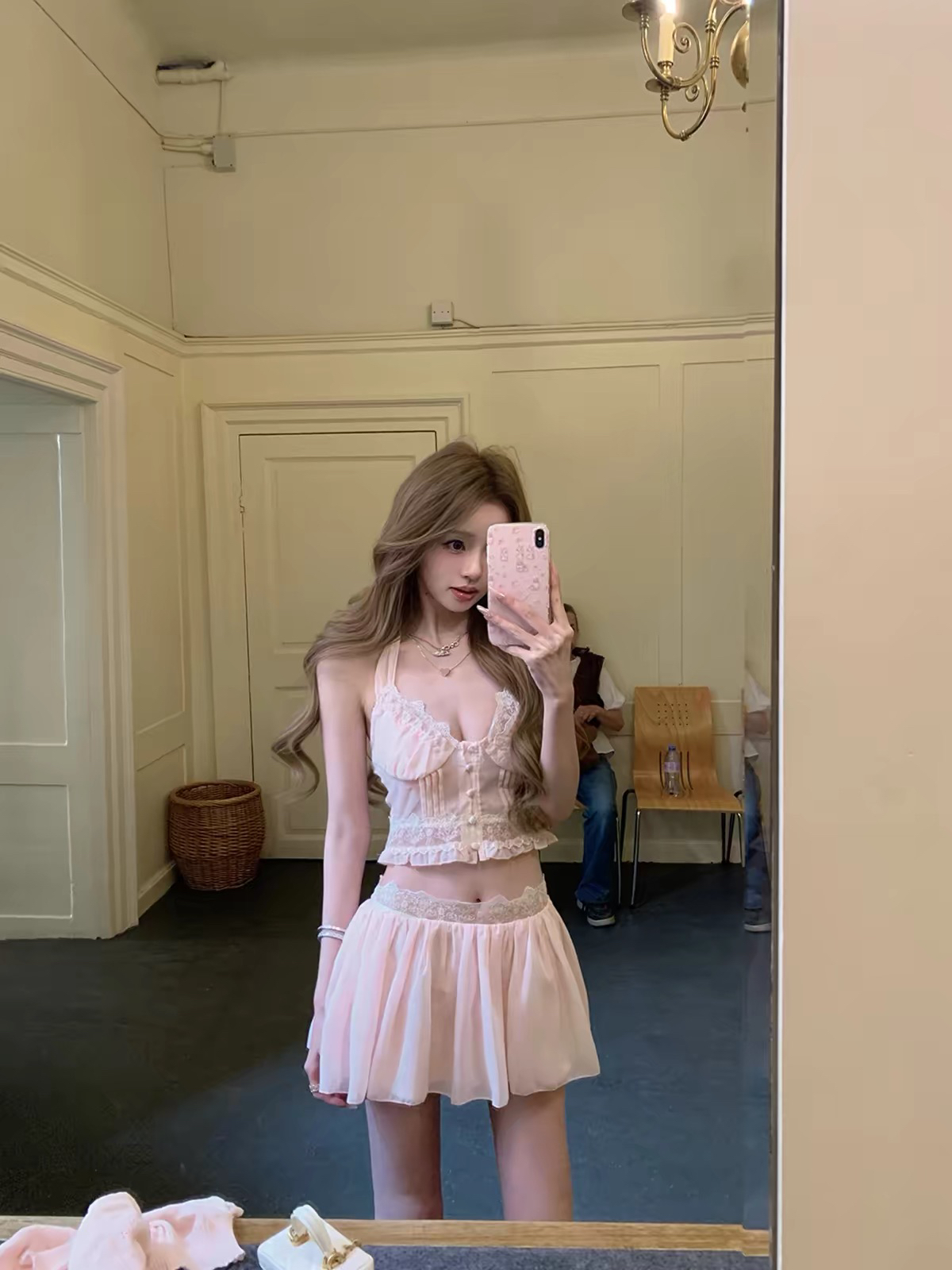너 ~ 중 게으른 llan 치자 나무 둘 색상 행침 목 깊은 v 레이스 레이스 패치워크 맨위 반 스커트 세트 여성
