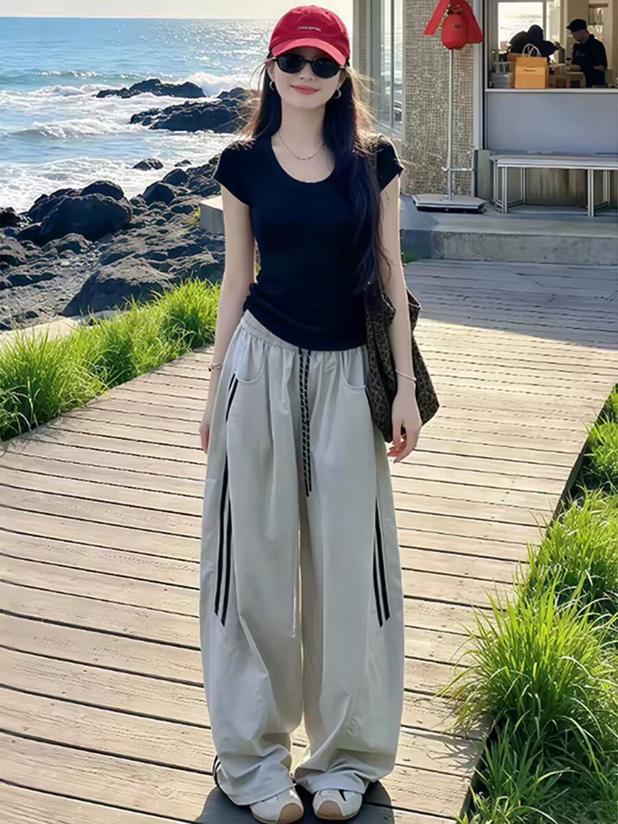 패션 캐주얼 세트 여성 여름 새로운 검정색 반팔 맨위 하이웨이스트 와이드 레그 팬츠 한 부서 슬림해 보이는 투피스 세트