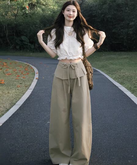한 부서 그레이트 통해보기 가져 가라. 전체 집합 새로운 화이트 레이스 패치워크 맨위 여성 여름 와이드 레그 팬츠 세트