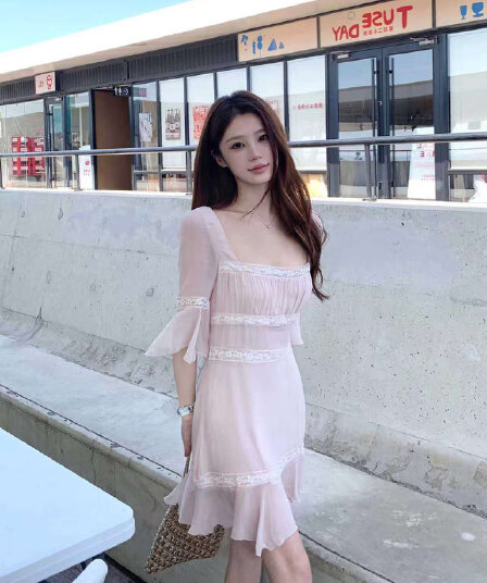 주 제 1 eeone lace 얕은 소매 있음 소매 나팔 허리 수축 광장 칼라 슬림해 보이는 드레스