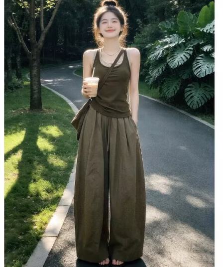 자이언트 잘 생긴 ootd 착용 가져 가라. 전체 집합 2026 새로운 페이크 레이어드 캐미솔 여름 와이드 레그 팬츠 어린이 세트