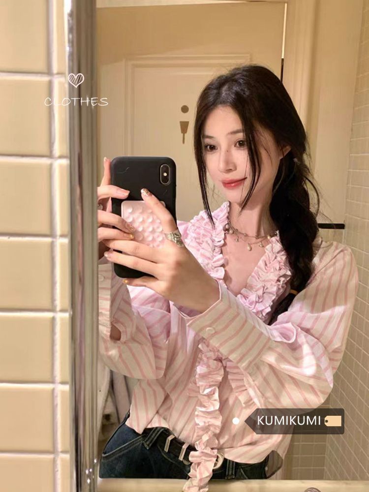 달콤한 스타일 핑크색 스트라이프 셔츠 디자인 센스 프릴 긴팔 루즈핏 셔츠 여성 의류 봄 V넥 맨위