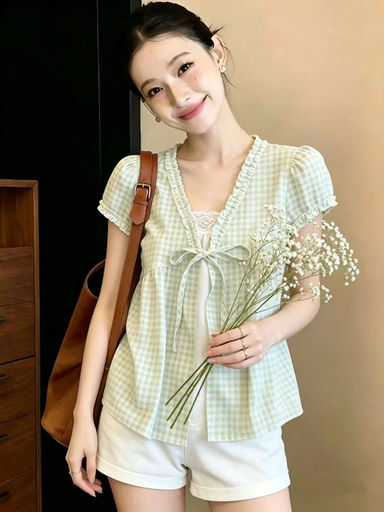 페이크 레이어드 체크무늬 반팔 여성 셔츠 여름 새로운 한 부서 신선함 바람 루즈핏 슬림해 보이는 인형 셔츠 맨위