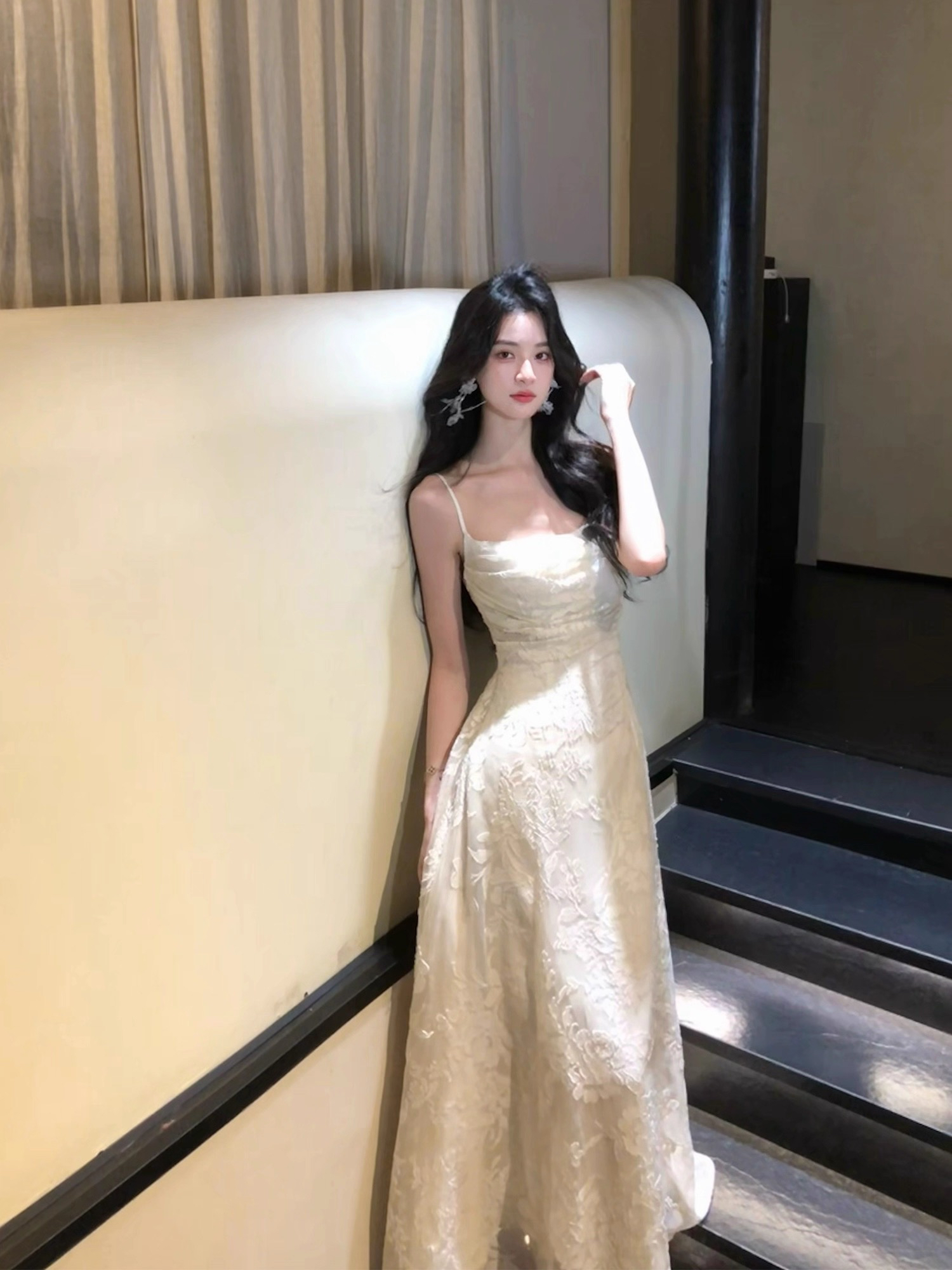 하나부터 순간 가을 수영장 늦게 棠 3 차원 꽃무늬 광장 칼라 슬립 드레스 허리 수축 슬림해 보이는 둘 색상 선택 사항 요정 치마