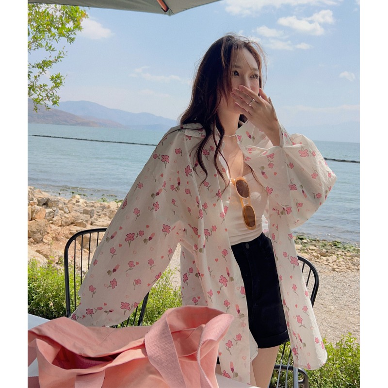 꽃무늬 자외선 차단 여성 셔츠 가을 디자인 센스 작은 대중 루즈핏 슬림해 보이는 느긋한 바람을 피우다 롱 코트 오픈 가디건 얇은 스타일 재킷