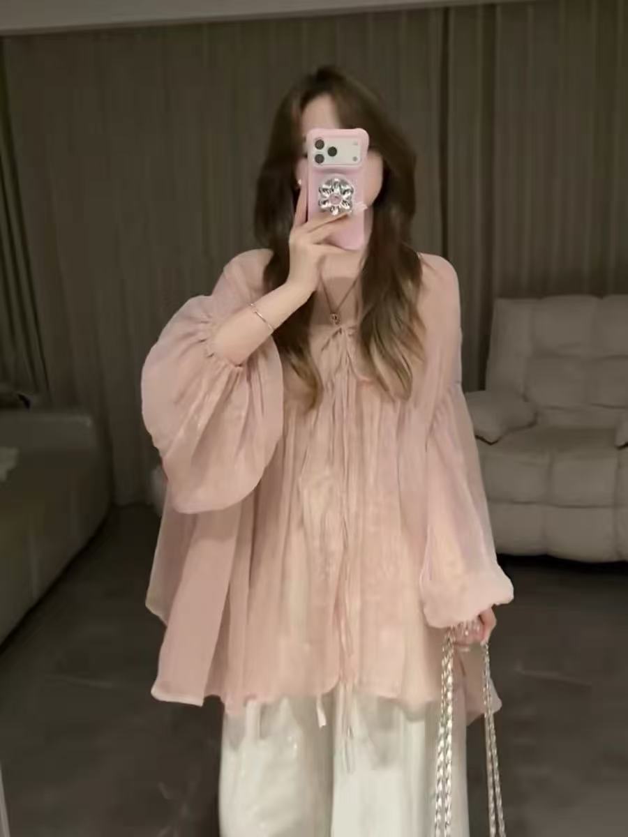 부드러운 바람 Tulle 레이스업 시폰 셔츠 여성 여름 새로운 느긋한 캐주얼 루즈핏 다용도 얇은 스타일 자외선 차단 의류 블라우스
