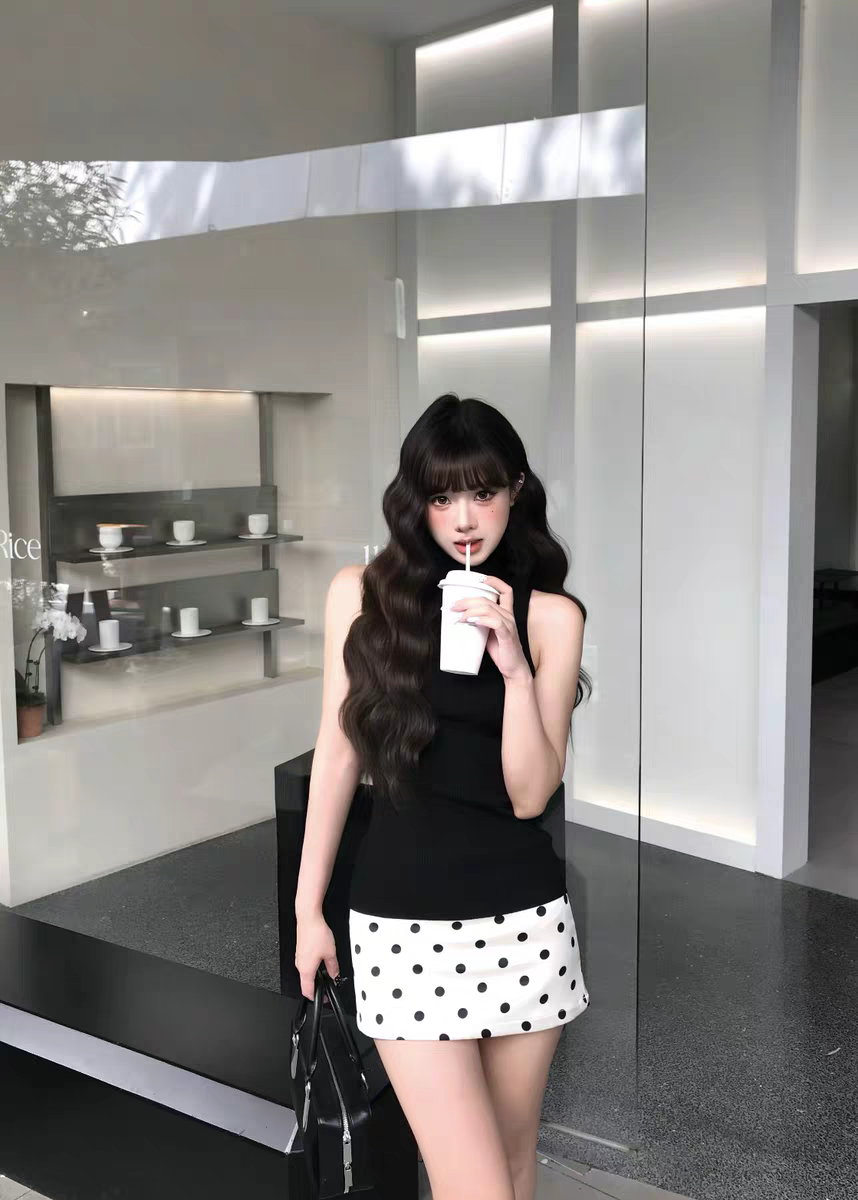 kumikumi 핫걸 세트 미니멀리즘 몸매 가꾸기 민소매 조끼 여성 여름 도트 무늬 반신 스커트 타이트 스커트 투피스 세트