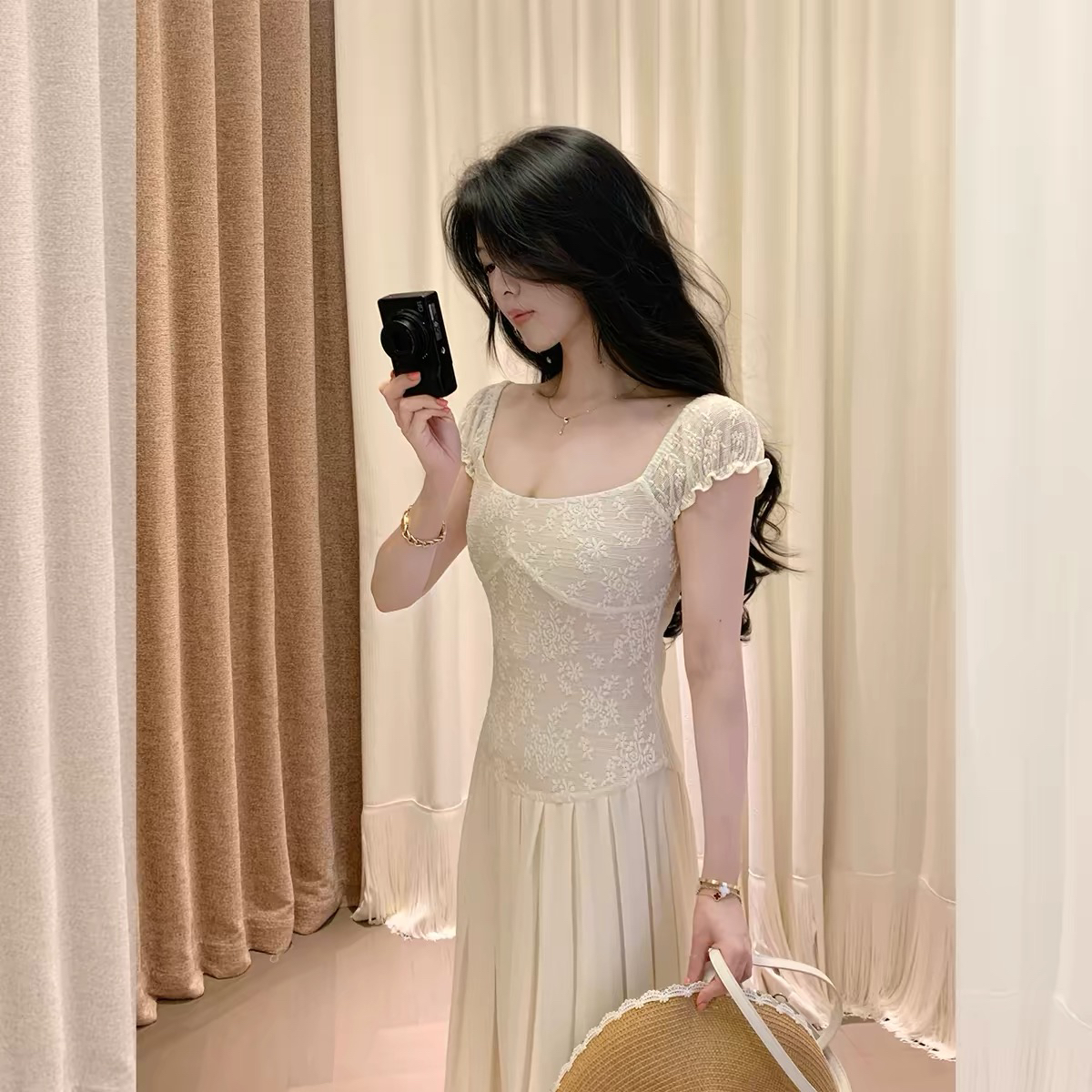 대 eees 골동품 오르골 프랑스식 레이스 u 칼라 날다 소매 요정 요정 슬림해 보이는 드레스