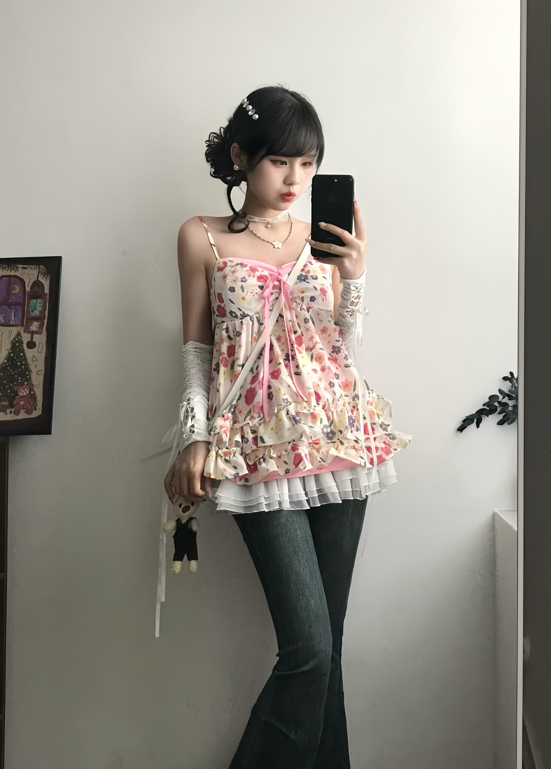 프랑스식 작은 꽃무늬 슬립 민소매 미니 스커트 드레스 몸매 가꾸기 슬림해 보이는 맨위 티셔츠