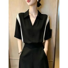 批发轻熟风撞色短袖衬衫女<b class='q'>夏</b>季新款黑色翻领设计感显瘦百搭上衣