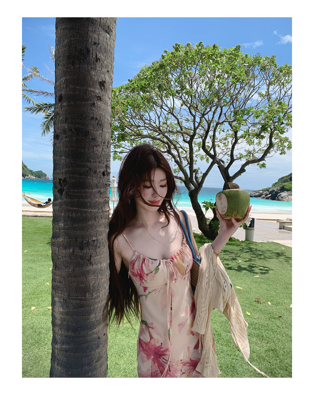 sya 크 사이 작은 웨스트 프랑스식 분말 아름다움 헤일로 염색 프린트 여성 드레스 여름 펌프 Pleat 휴가 롱 코트 튜브탑 슬립 드레스