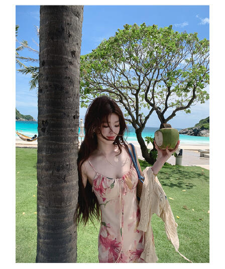 sya 크 사이 작은 웨스트 프랑스식 분말 아름다움 헤일로 염색 프린트 여성 드레스 여름 펌프 Pleat 휴가 롱 코트 튜브탑 슬립 드레스