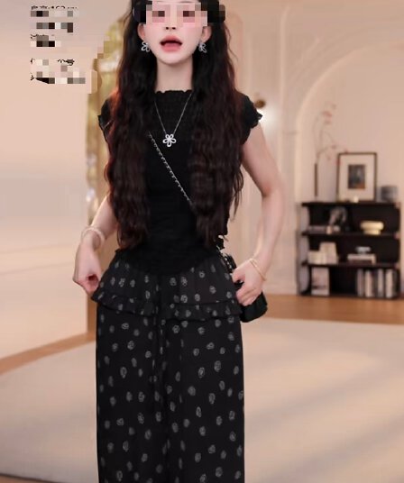 yy 여름 새로운 프릴 허리밴드 머리 자카드 넓은 다리 길이 바지 여름 작은 대중 플리츠 반팔 티셔츠