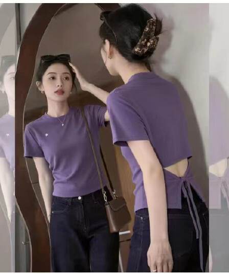 보라색 반팔 티셔츠 여성 여름 슈퍼 화재 작은 대중 아니요 명중 섹션 백리스 스트랩 맨위