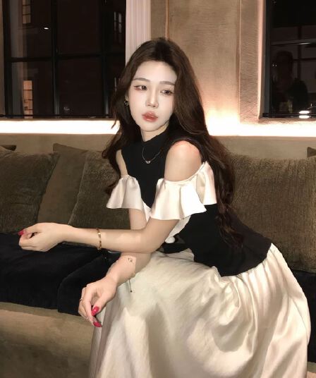 무쯔리 목자이 ~ 중 리 밤 물론 矜 부드러운 디자인 센스 배색 니트 패치워크 프릴 맨위 새틴 반신 스커트 여성 세트