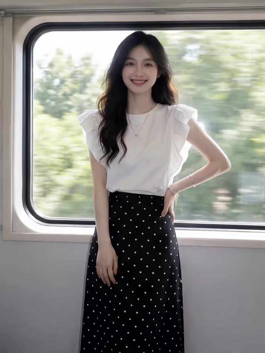자이언트 잘 생긴 전체 집합 ootd 착용 가져 가라. 여름 여성 화이트 프릴 반팔 맨위 도트 무늬 반신 스커트 투피스 슈트