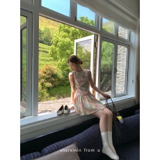 批发shareinin 奶橘蜜瓜 麻感杂色撞色格子无袖连衣裙短裙