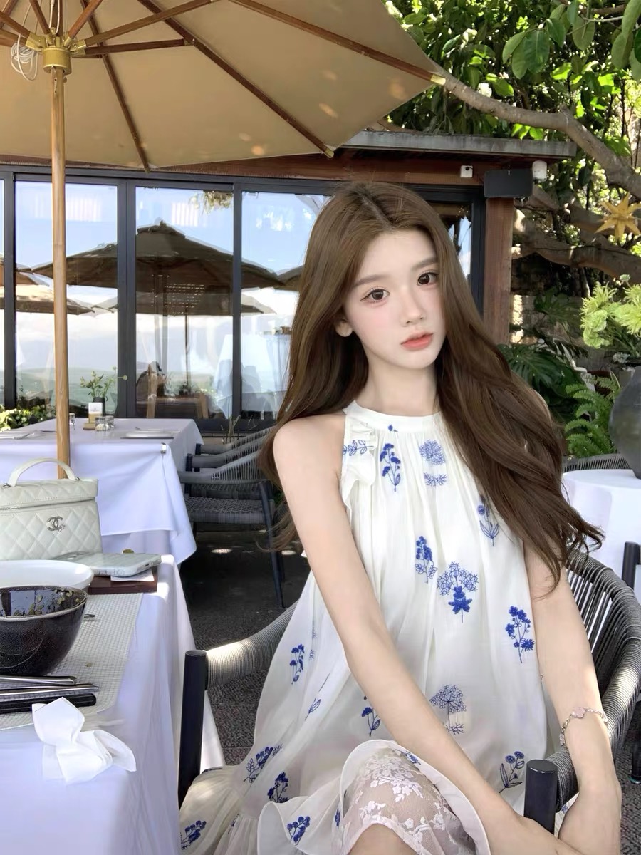 수묵화 파란색과 흰색 부드러운 바람 레이스 조각 파란색 꽃무늬 자수 민소매 진자 드레스