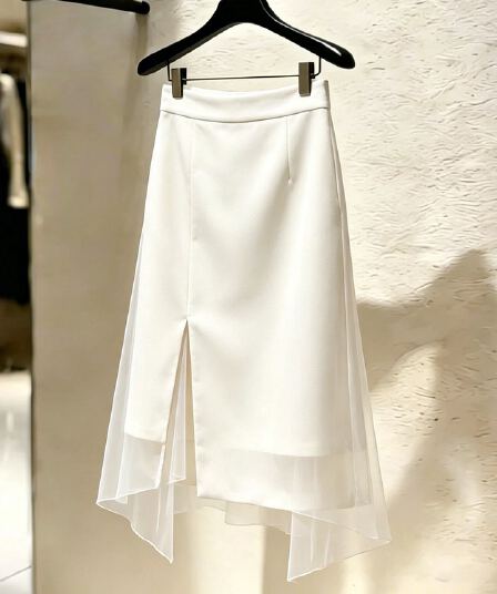 베이지 색 망사 패치워크 트임 하이웨이스트 반신 스커트 여성 여름 인기 새로운 빛 럭셔리 고급 중간 길이 스커트