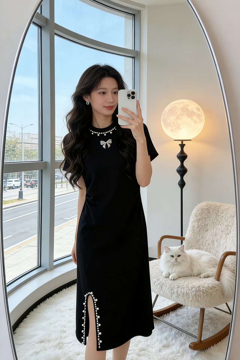 프랑스식 레트로 작은 샤넬 스타일 무거운 작업 비즈 박기 나비 매듭 라운드 넥 반팔 니트 여성 드레스 트임 디자인 롱 스커트