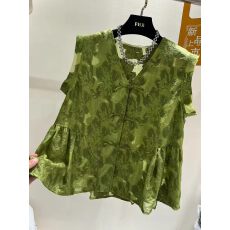批发夏季新款V领新中式复古盘扣印花飞飞袖衬衫<b class='q'>女</b>上衣
