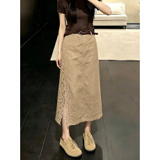 批发卡其色侧开叉蕾丝边半身裙女2026夏季新款高腰显瘦<b class='q'>百搭</b>亚麻A字裙