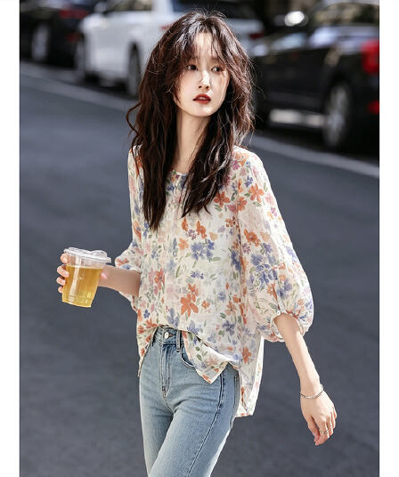 레트로 캐주얼 얇은 스타일 작은 셔츠 여름 패션 외국 가스 꽃무늬 중간 소매 풀오버 셔츠