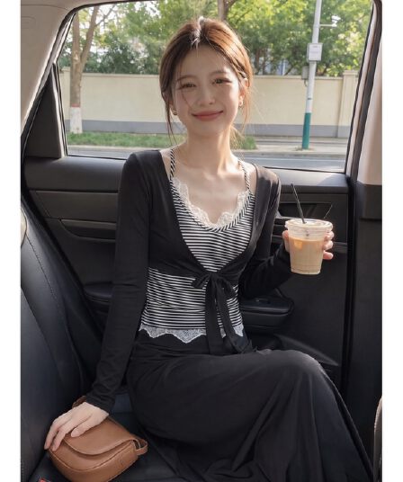 한 부서 품격 V넥 레이스 조각 스트라이프 슬립 긴팔 오픈 가디건 여성 여름 새로운 한 마디 세트