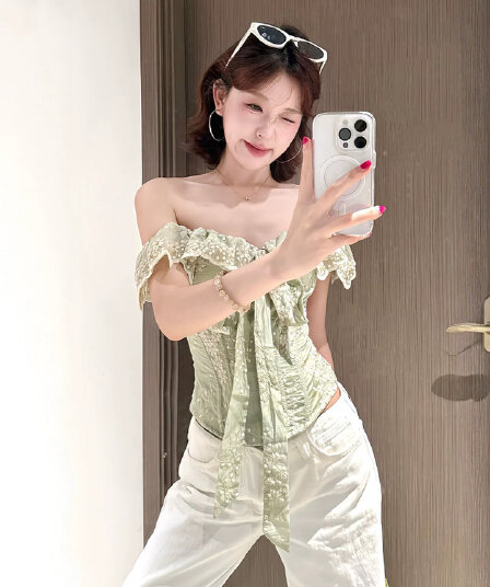 오프숄더 녹색 레이스 캐미솔 여름 코르셋 순수한 욕망 품격 허리 수축 쇼트 스타일 핫걸 맨위