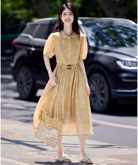 패션 우아함 마 오래된 공예 플리츠 셔츠 드레스 여름 질감 센스 벨트 포함 드레스