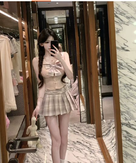 sisi jiang 분말 사쿠라 소녀 달콤함 순수한 욕망 일본식 해군 칼라 셔츠 하이웨이스트 슬림해 보이는 한 마디 플리츠 스커트