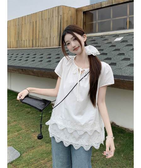 원단 원본 레이스 여름 프랑스식 달콤함 레이스 패치워크 화이트 반팔 셔츠 맨위 여성