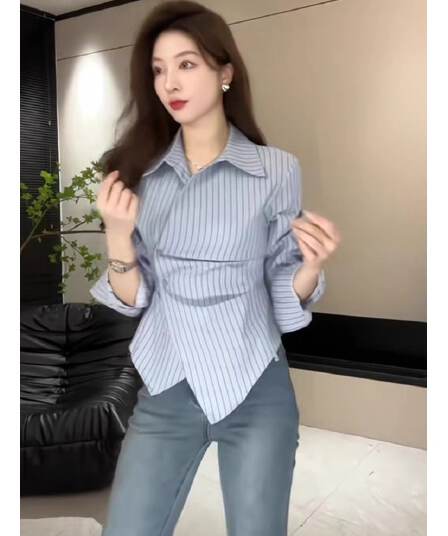 봄 여름 새로운 디자인 센스 불규칙 허리 수축 슬림해 보이는 셔츠 폴로 칼라 캐주얼 패션 셔츠