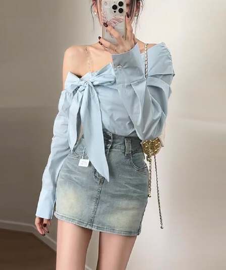 한 부서 핫걸 오프숄더 스트랩 여성 셔츠 디자인 센스 품격 슬림해 보이는 다용도 패션 비스듬한 칼라 긴팔 Chic 맨위