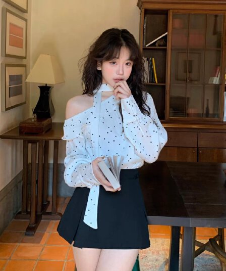 예술 건강 프랑스식 도트 무늬 프릴 보트넥 비스듬한 어깨 의류 여성 레트로 리본 긴팔 셔츠 여름