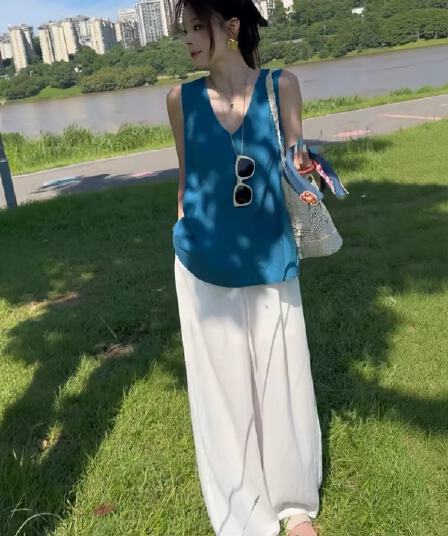 2026 슈퍼 화재 여름 연령 감소 전체 집합 한 부서 느슨함 센스 패션 루즈핏 민소매 조끼 와이드 레그 팬츠 투피스 세트